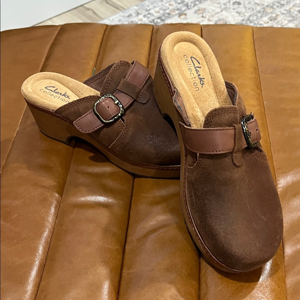 Clarks Chocolate Suede Mules with Buckle